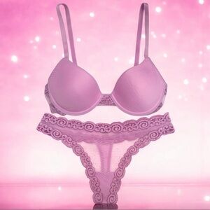 💕 NATORI Lightweight Lace T-Shirt Bra + Lace Thong SET • PINK • 32B & Small